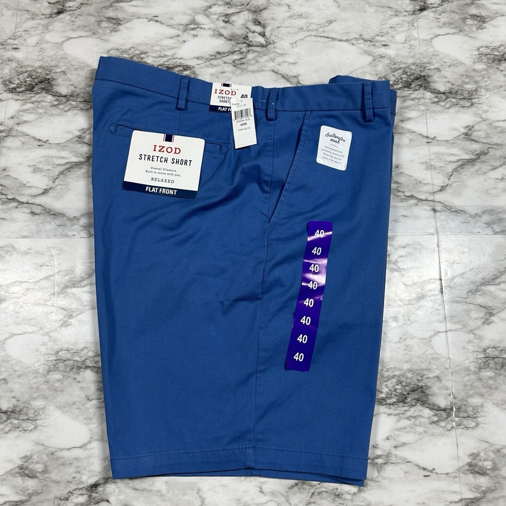 IZOD Men's Stretch Shorts Sz 40 Relaxed Fit Flat Front‎ Saltwater Chino Blue NEW